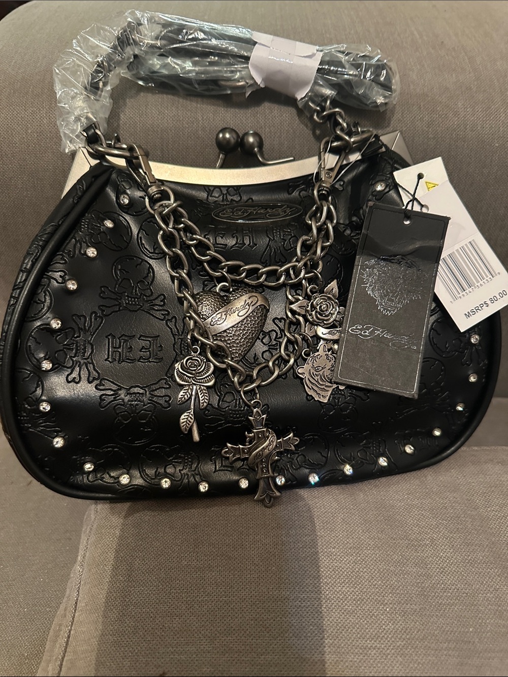 Ed Hardy Black Embossed Charm Chain Clutch